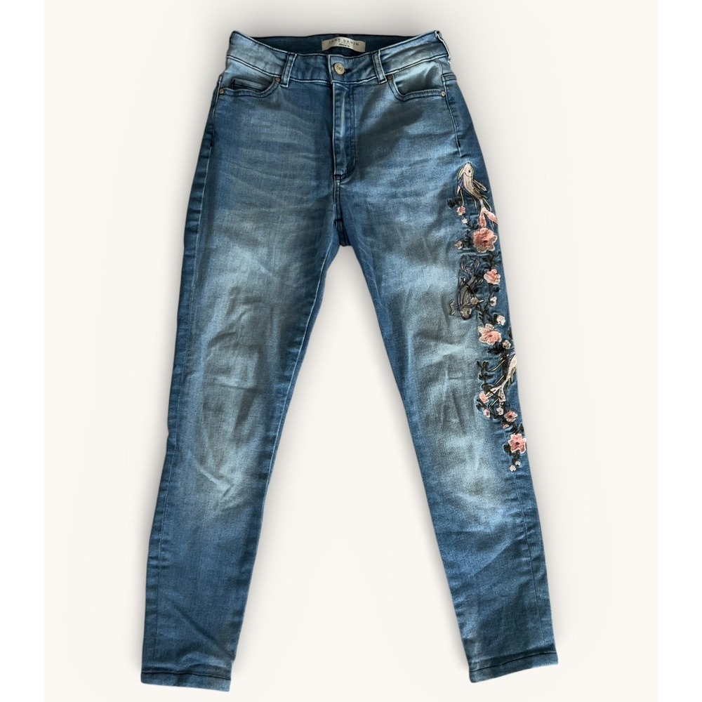 IKKS Womens 2 Embroidered Koi Fish Jeans Blue Cropped Denim Floral High Waist